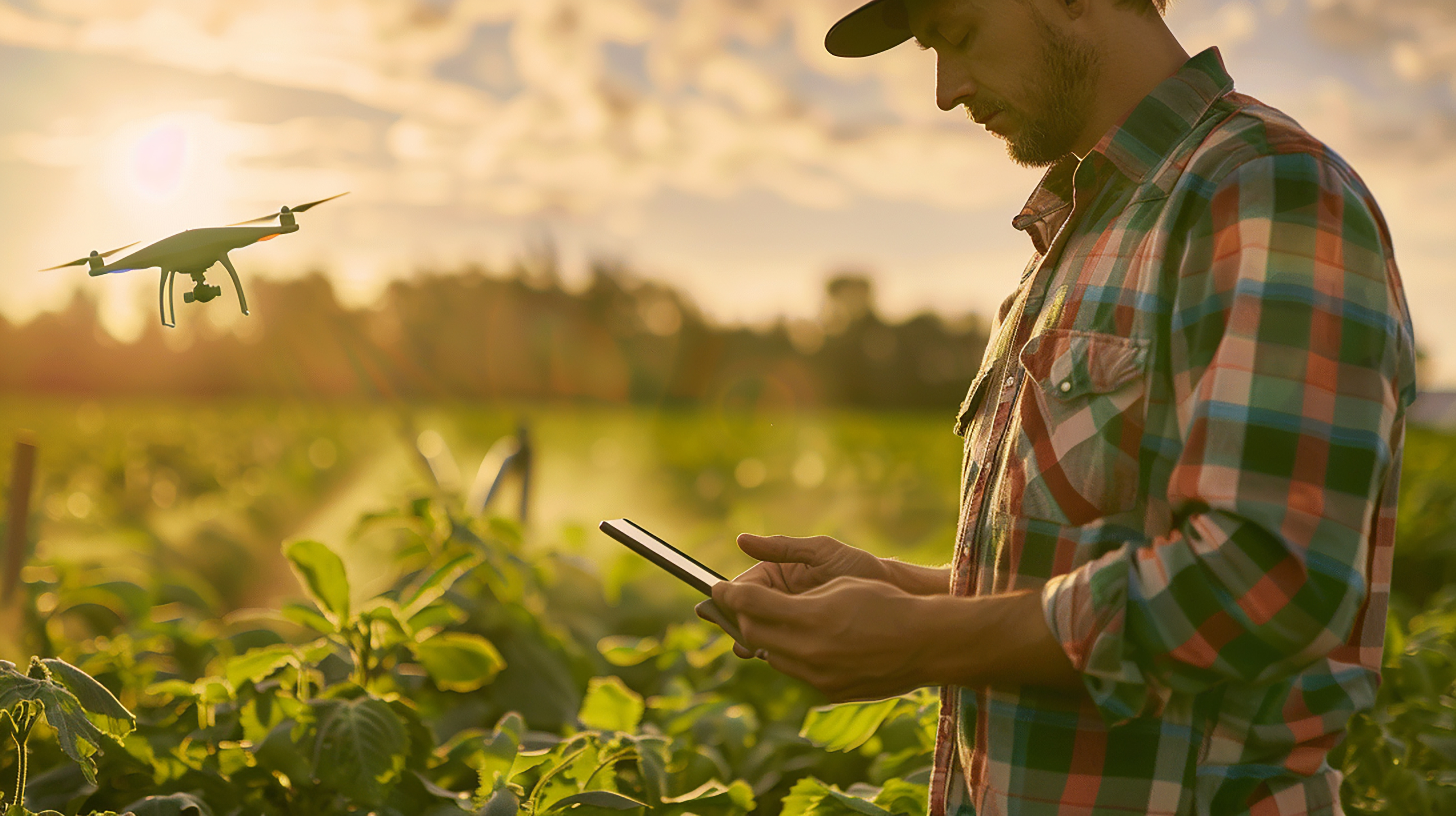 Produtor rural segurando tablet em meio a uma plantação em que um drone está sobrevoando.